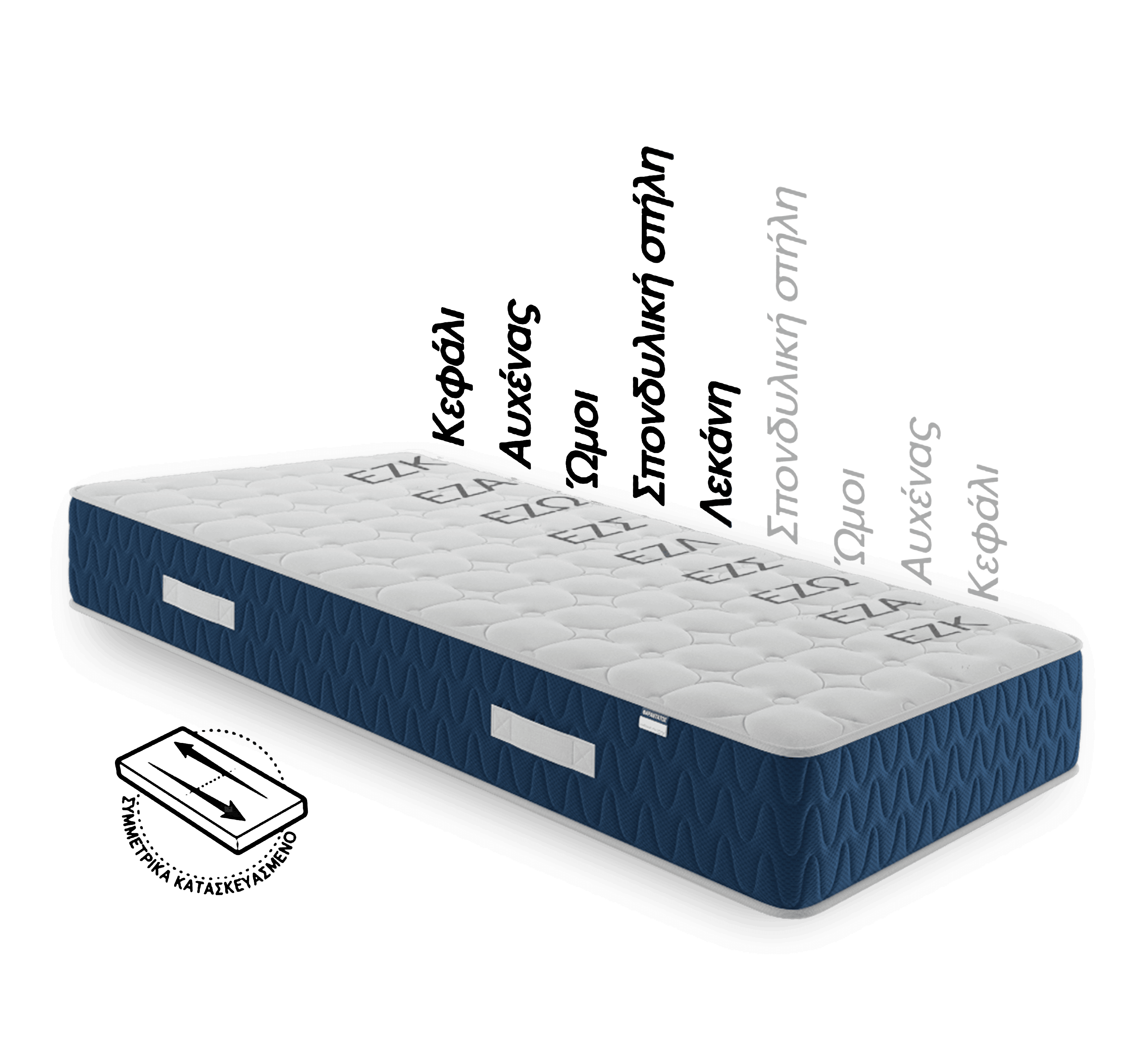 Die BODYGUARD® Anti-Kartell-Matratze: Ein runder Ausschnitt mit dem Text „mittelfest/fester“ zeigt den Matratzenkern; daneben ein Wendesymbol mit dem Text „Einfach wenden/2-in-1-Matratze“.